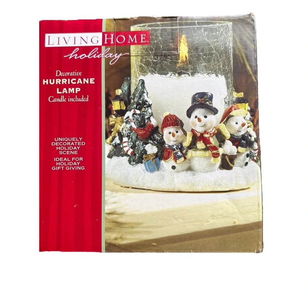 Living Home Holiday Scene Decorative Hurricane Lamp With Candle Snowmen Tree New